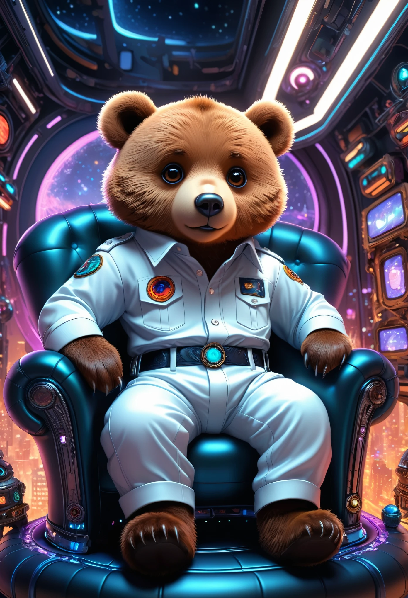 (Cute cartoon style:1.3), (((close-up of bear sitting on ethereal futuristic sofa))), (sleek cyberpunk trousers and button-up shirt:1.2), (Mars' city outside of the illuminator), dark fur, big eyes, intricate spaceship interior, bright colors, masterpiece in maximum 16K resolution, best quality, ultra detailed, aesthetics, absurdes.
