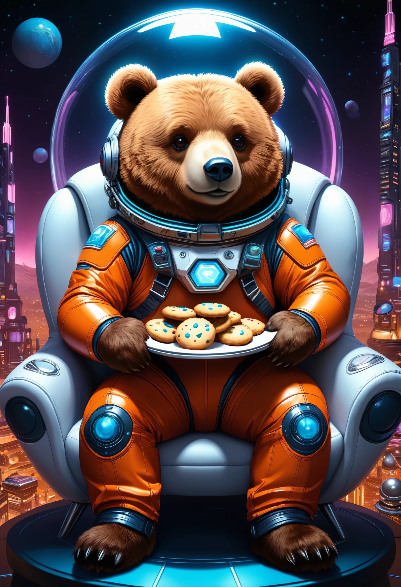 (Cute cartoon style:1.3), (((close-up of bear sitting on futuristic sofa))), (full sleek cyberpunk spacesuit:1.2), ((open head)), (Mars' city outside of illuminator), dark fur, (holding plate of cookies:1.2), intricate spaceship interior, bright colors, masterpiece in maximum 16K resolution, best quality, ultra detailed, aesthetics, absurdes.