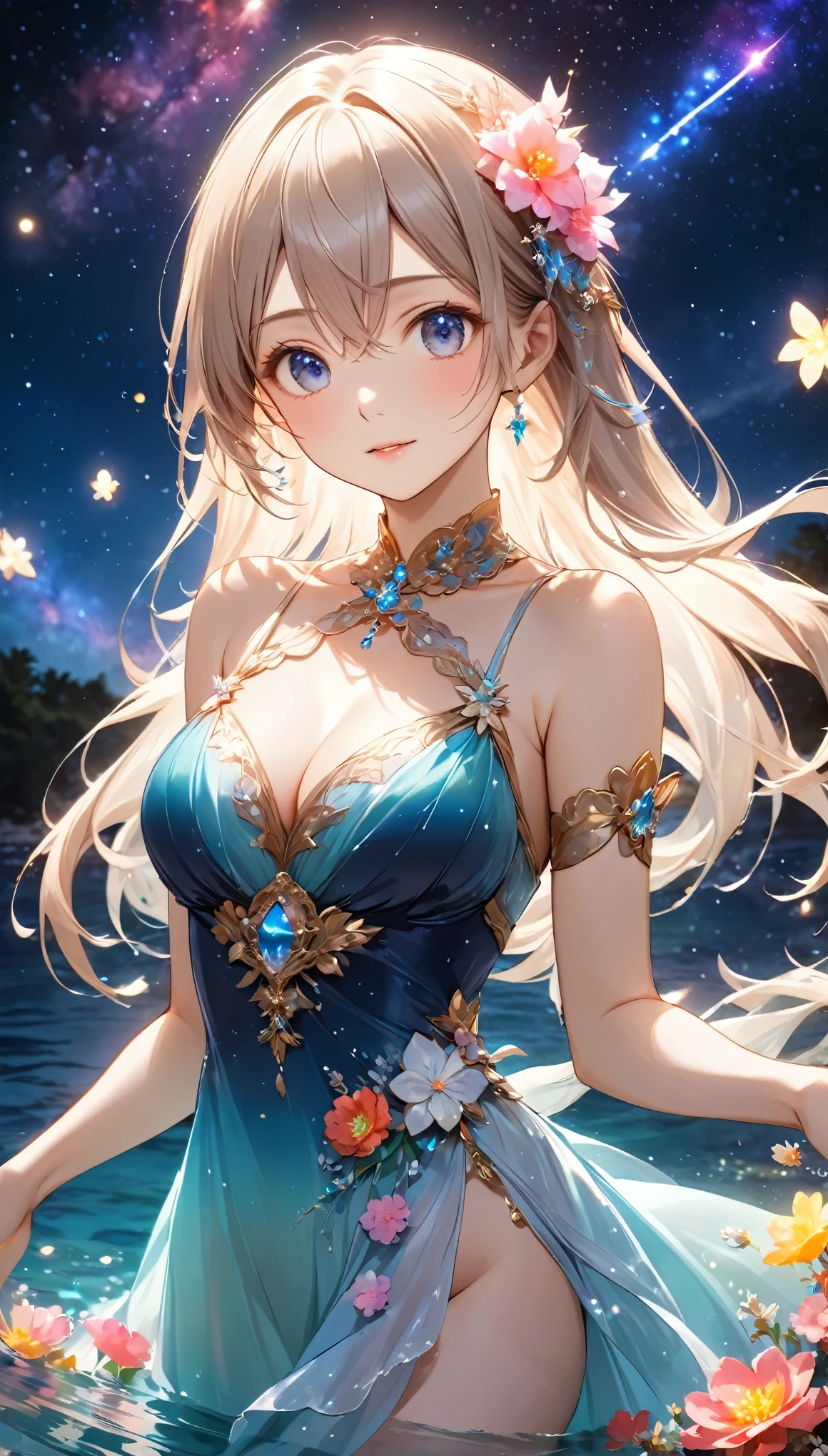 Highest quality, Highest quality, 16K, Unbelievably absurd, Very detailed, 2.5D, delicate and dynamic, under water, In the water, Swimming in the ocean, Brightly colored coral, Small faint lights and flying fireflies, night, Starry Sky, milky way, nebula, shooting star, Flowers,, Very delicate facial expressions, Delicate eye depiction, Upper body close-up, erotic, dynamic sexy poses, Only sexy women, Healthy body shape, 22-year-old woman, Aristocratic women, Height: 170cm, Large, firm, swaying bust, Colorful floral ornaments, Crystal translucent dress, Wrap your whole body in a semi-transparent cloth, A long dress with a complex structure, Colorful long dress, In the waterに浮かぶドレス