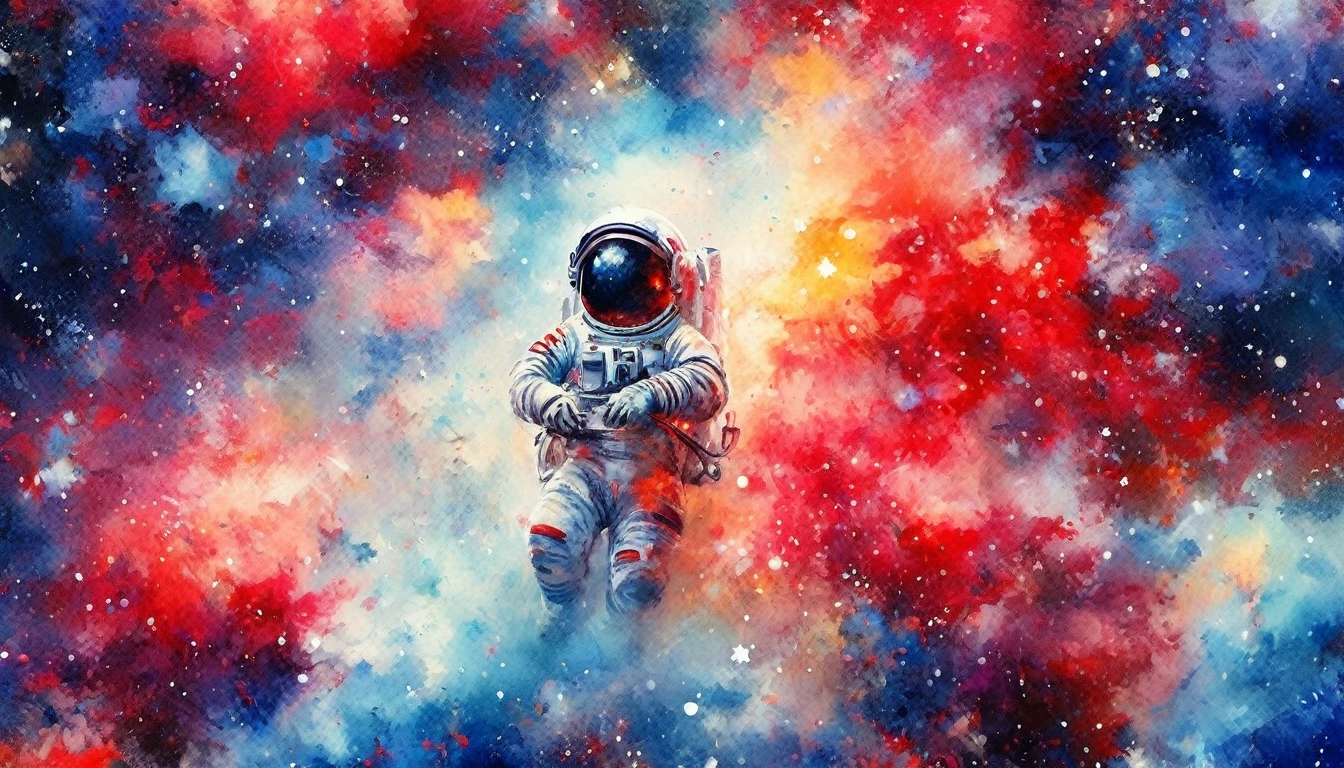 (japanese watercolor, Use only red, White and blue: 1.5) Arafed photo of astronauts floating in space, watching endless stars, distant galaxy, Vibrant, 超High resolution, High Contrast, masterpiece:1.2, Highest quality, Best aesthetics), Best details, Highest quality, High resolution, Ultra Wide Angle, 16K, [Super detailed], masterpiece, Highest quality, (Very detailed), Hollywood Movies, star, 荒れ狂うstar雲