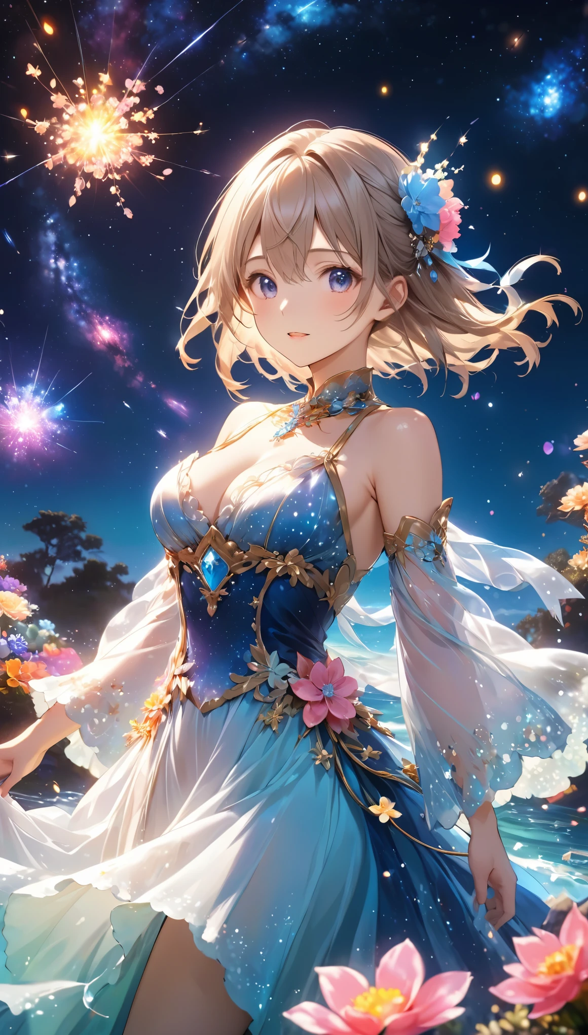 Highest quality, Highest quality, 16K, Unbelievably absurd, Very detailed, 2.5D, delicate and dynamic, under water, In the water, Swimming in the ocean, Brightly colored coral, Small faint lights and flying fireflies, night, Starry Sky, milky way, nebula, shooting star, Flowers,, Very delicate facial expressions, Delicate eye depiction, Upper body close-up, erotic, dynamic sexy poses, Only sexy women, Healthy body shape, 22-year-old woman, Aristocratic women, Height: 170cm, Large, firm, swaying bust, Colorful floral ornaments, Crystal translucent dress, Wrap your whole body in a semi-transparent cloth, A long dress with a complex structure, Colorful long dress, In the waterに浮かぶドレス