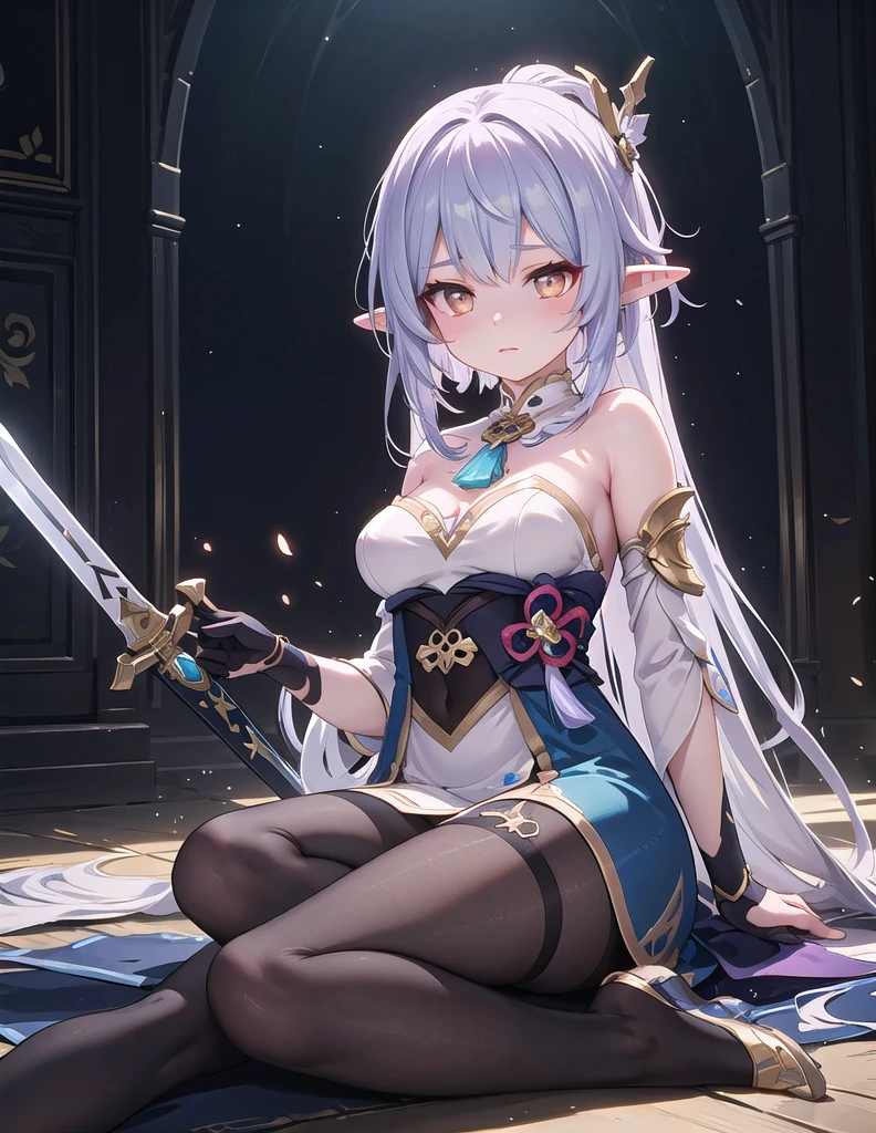 (photorealistic:1.4), (masterpiece, sidelighting, finely detailed beautiful eyes: 1.2), masterpiece*portrait, realistic, 3d face,
Jingliu \(Honkai: Star Rail\), 1girl, ahoge, architecture, bangs, bare shoulders, bell, black gloves, black pantyhose, (blue hair), blush, revealed breasts, chinese knot, detached sleeves, flower knot, gloves, long hair, looking at viewer, medium breasts, cleavage