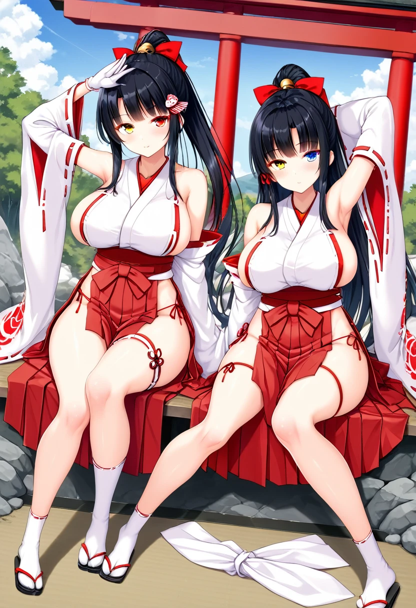 multiple girls, two girls, pair, twins, long hair, ponytail, breasts, looking at viewer, black hair, hair accessory, gloves, sitting, yellow eyes, thighs, white gloves, exposed navel, thigh straps, heterochromia, skimpy clothing, chest curtains, very large breasts, sleeves removed, kimono, sky, wide sleeves, armpits, , red ribbon, bells, sideboob, ribbon trim, hakama, hakama skirt, non-traditional shrine maiden, ribbon trimmed sleeves, shrine maiden, tabi, short hakama skirt, red hakama, hip vents, ribbon trimmed legwear,