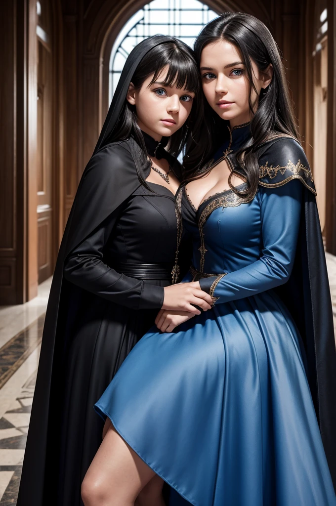 mother and daughter portrait, break: daughter teenager(1.3), 13 years old, very small breats, black hair , blue eyes, detailed face, angelical face, dress with cape, desing with christian cross, cleavage ,soft lesbian, break: mature mother, middle-age, long black hair, blue eyes, detailed face, beautiful face,cleavage, curvys, tall, chubby, dress with cape, desing with christian cross break: background in cold castle. break: no extra hands
