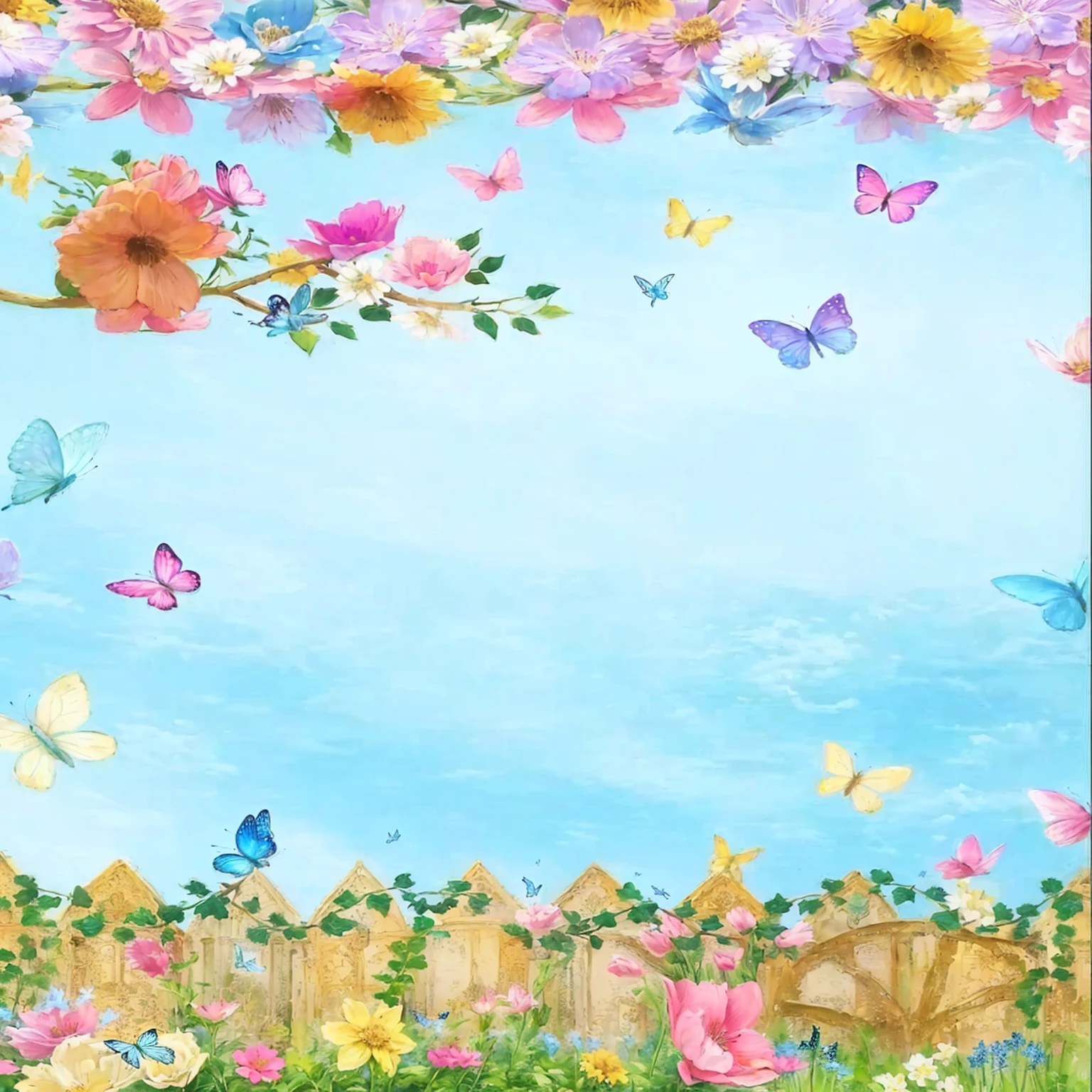 a picture of a picture of a garden with flowers and butterflies, birds and butterflies, Butterflies and birds, magical fairy background, butterflies floating in the sky, garden background, fairy tale style background, spring time, flowers and butterflies, the background is heavenly, tema spring time, magic background, spring time morning, amazing background, butterflies and worms, natural background, nature background, beautiful background