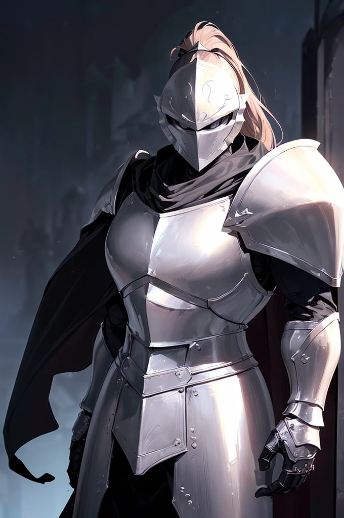 (masterpiece; best quality: 1.2), ((full armored knight man)), ((solo)), (black eyes: 1.4), (body; toned, lean, masculine: 1.3), (beautiful and clear background: 1.2), ((depth of field)), (equipment: full plate all-dark black realistic-armor + closed helmet with ponytail + long black cape: 1.3), (anime illustration: 1.2), (background composition; fantasy castle corridor + furniture: 1.1), (extremely fine and handsome: 1.1), (shot composition; standing + centered on torso + close-up: 1.5), (expression; calm, stoic: 1.2)