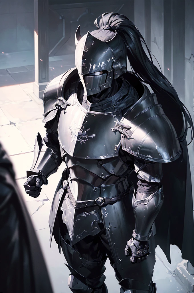 (masterpiece; best quality: 1.2), ((full armored knight man)), ((solo)), (black eyes: 1.4), (body; toned, lean, masculine: 1.3), (beautiful and clear background: 1.2), ((depth of field)), (equipment: full plate all-dark black realistic-armor + closed helmet with ponytail + long black cape: 1.3), (anime illustration: 1.2), (background composition; fantasy castle corridor + furniture: 1.1), (extremely fine and handsome: 1.1), (shot composition; standing + centered on torso + close-up: 1.5), (expression; calm, stoic: 1.2)
