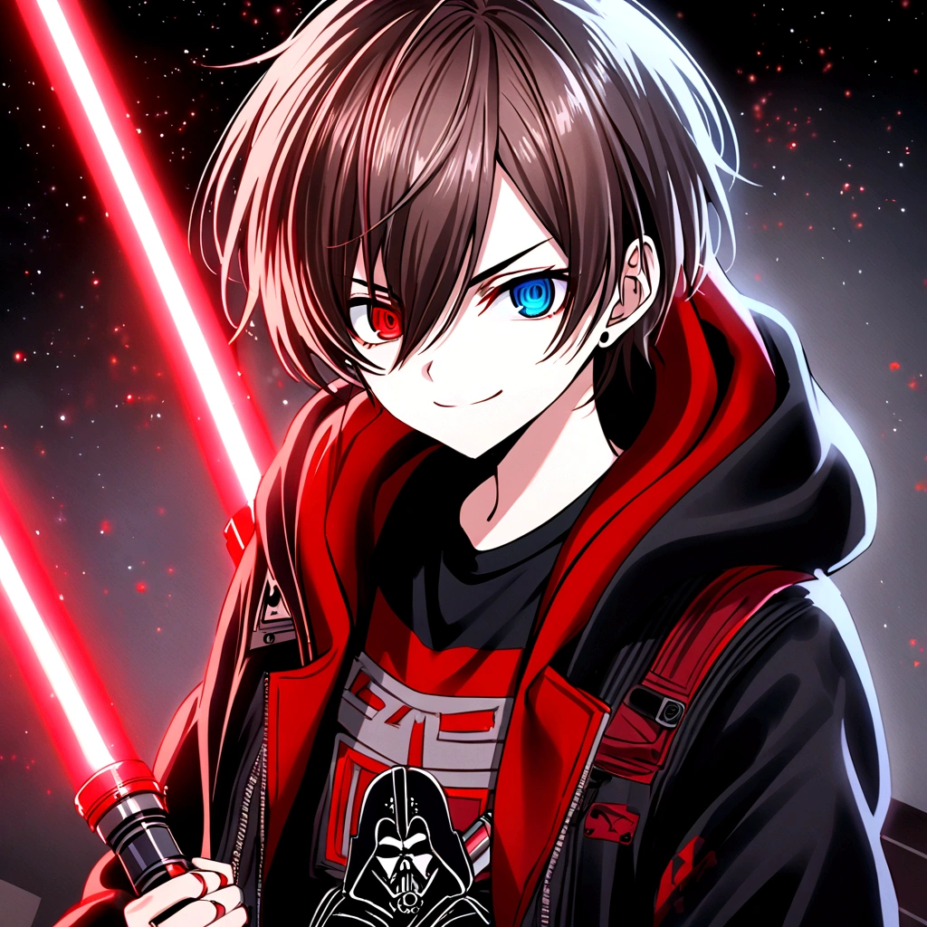 Kyotaro Ichikawa, Red eyes, smile evil, black jacket, black t-shirt with red details, gray sports pants, sneakers, lightsaber de color rojo, lightsaber (Star Wars), black background, Red light reflection, close view 