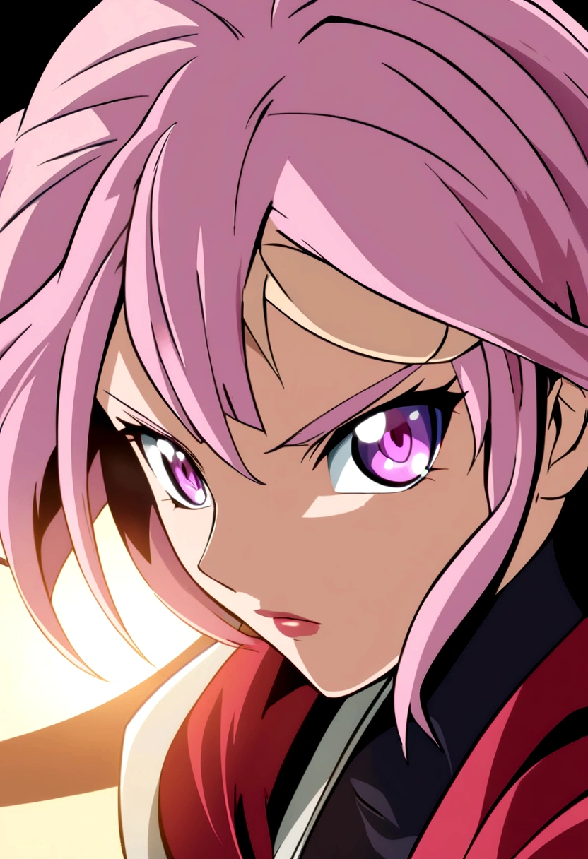 Woman, pink and white hair,violet eyes , ninja outfit, anime design style, clear face