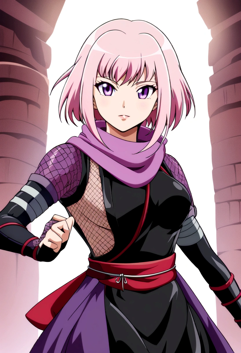 Woman, pink and white hair,violet eyes , ninja outfit, anime design style, clear face