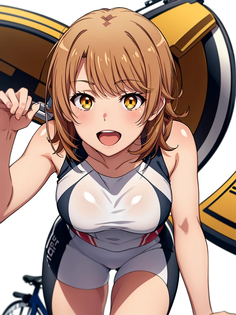 ((muste piece, best quality, High resolution, ticker, perfect pixel, Depth of bounds written, In 4K, )), 1 girl, solo, , beautiful anime girl, beautiful art style, close up of breasts, Looking at Viewer, perfect body, (isshiki iroha:1.3), slim, short hair, brown hair, midium breasts, full face blush, open mouth, smile, ((cycling wear:1)), cycling pants, cowboy shot, looking at viewer, leaning forward, white background,