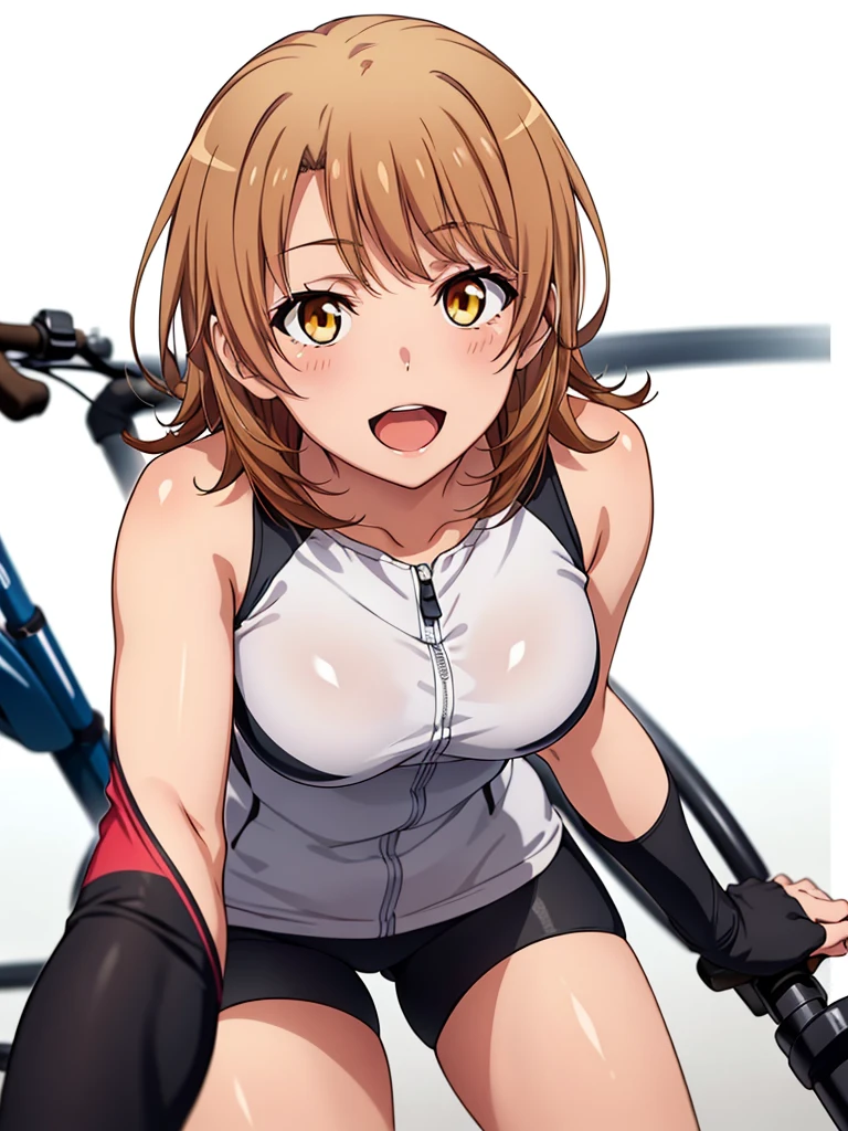 ((muste piece, best quality, High resolution, ticker, perfect pixel, Depth of bounds written, In 4K, )), 1 girl, solo, , beautiful anime girl, beautiful art style, close up of breasts, Looking at Viewer, perfect body, (isshiki iroha:1.3), slim, short hair, brown hair, midium breasts, full face blush, open mouth, smile, ((cycling wear:1)), cycling pants, cowboy shot, looking at viewer, leaning forward, white background,