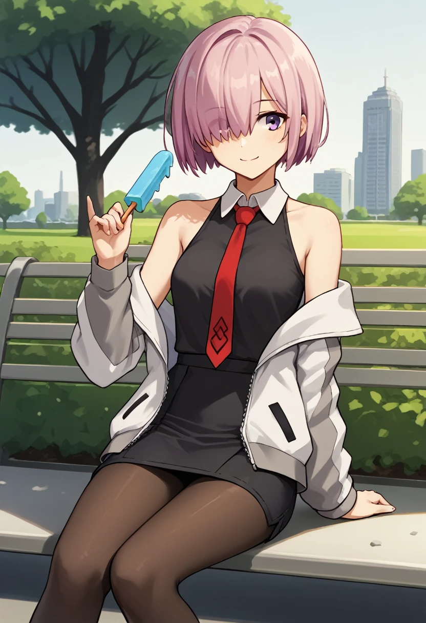 1 woman, Short hair, pink hair, purple eyes, hair above one eye, black shirt, white collar, red tie, Two-tone jacket, white jacket, gray sleeves, long sleeves, skirt, pantyhose, outdoors, seat, park, off shoulder, bare shoulders, popsicle score_9, score_8_consolation, score_7_consolation, score_6_consolation, score_5_consolation, score_4_consolation, BREAK Source_japanese cartoon movies, ((masterpiece,꽉끼는 skirt)), A beautiful smile, office job,((tight skirt)),