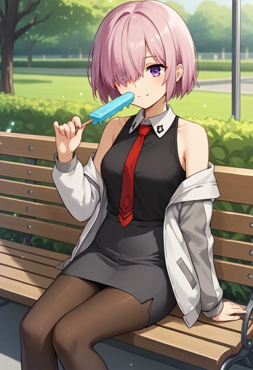 1 woman, Short hair, pink hair, purple eyes, hair above one eye, black shirt, white collar, red tie, Two-tone jacket, white jacket, gray sleeves, long sleeves, skirt, pantyhose, outdoors, seat, park, off shoulder, bare shoulders, popsicle score_9, score_8_consolation, score_7_consolation, score_6_consolation, score_5_consolation, score_4_consolation, BREAK Source_japanese cartoon movies, ((masterpiece,꽉끼는 skirt)), A beautiful smile, office job,((tight skirt)),