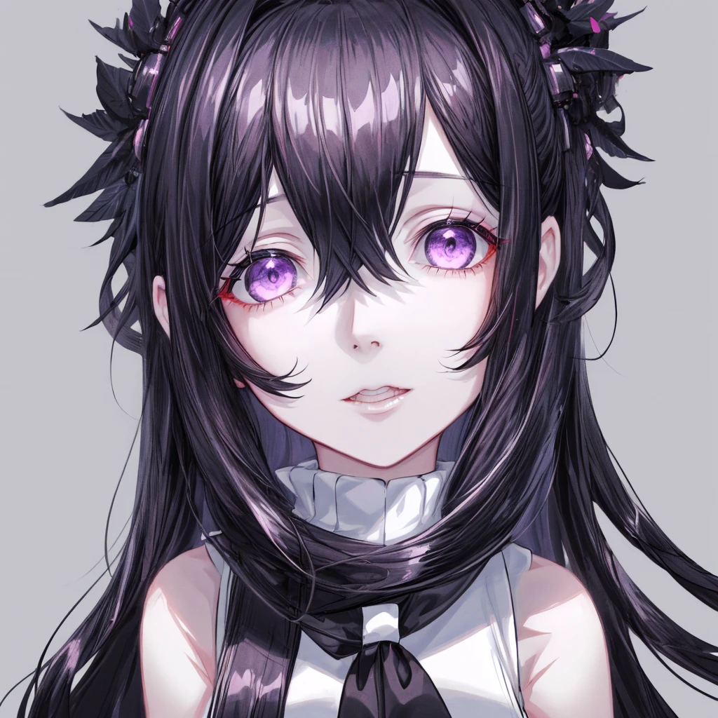 best quality, masterpiece, very aesthetic, half-length portrait, close shot, front view, facing_viewer, Front Facing,1 girl, black hair, long hair, monochromatic, pale face, crazy eyes, insane, sleeveless turtleneck, wearing coat with low hanging shoulders, purple eyes, looking_at_viewer, yandere face, gesugao, black linings, stark white background, plain background, simple_background ,edgGesugao, yandere, perfect face, pretty