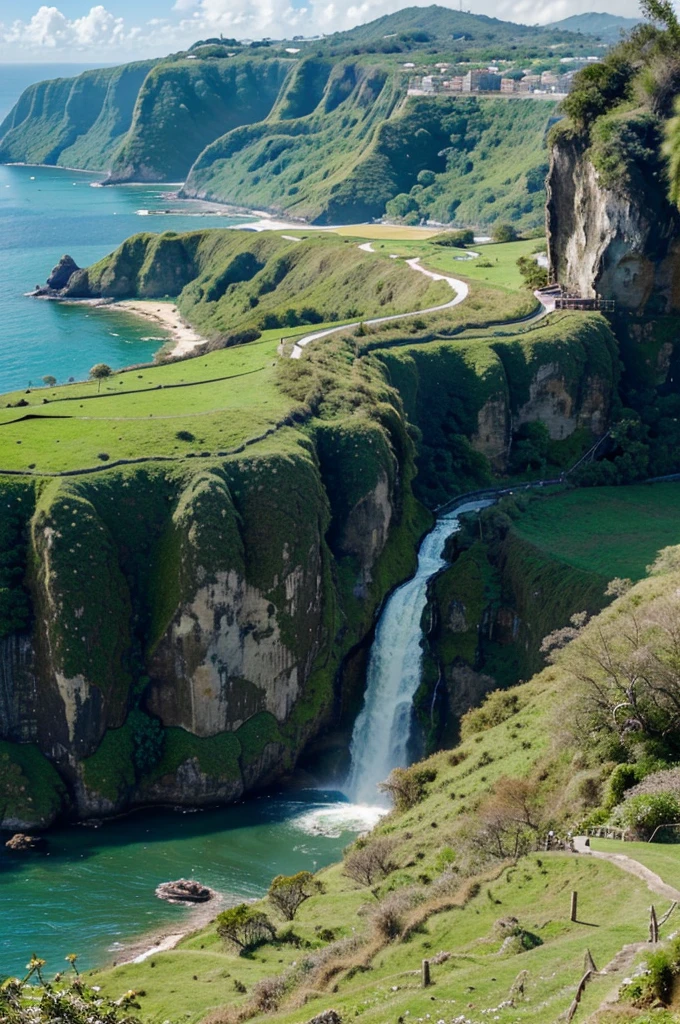 beautiful view of the island, which says the name "CHIBER BROTHER" in the middle of the island, green grass effect, exotic hill background, waterfall, hyper realistic, 30k