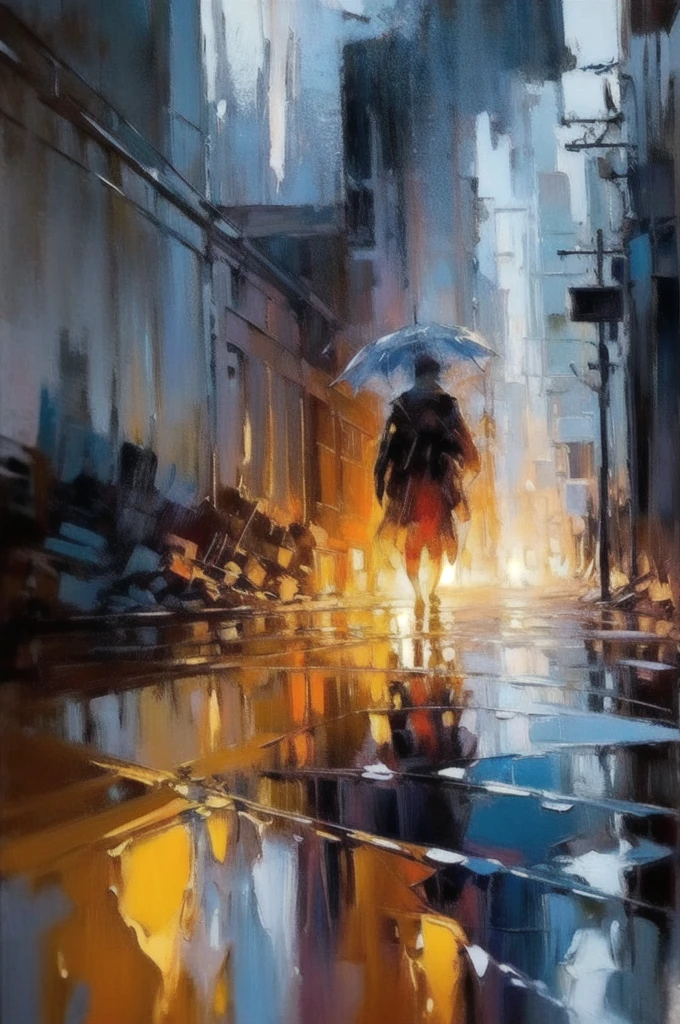 OIL PAINTIN made with palette knife,IMPRESSIONISM,(masterpiece, best quality, ultra-detailed, best shadow),(detailed background),realistic ,(Rembrandt),  rainny evening in City,  shown throught wet glass,  shapes are blurred melts away from stream of rain disorder3d shapes, color field painting, (large swaths of color):1.2, abstract expressionism, bold hues, emotional impact, atmospheric depth, colorfull but colour compositioned painting 