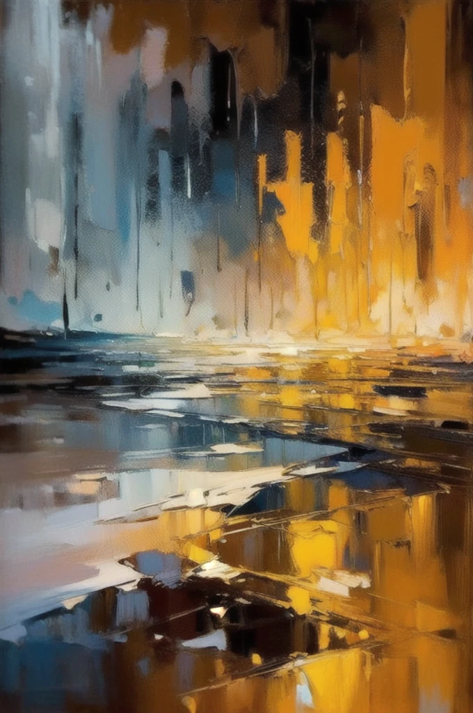 OIL PAINTIN made with palette knife,IMPRESSIONISM,(masterpiece, best quality, ultra-detailed, best shadow),(detailed background),realistic ,(Rembrandt),  rainny evening in City,  shown throught wet glass,  shapes are blurred melts away from stream of rain disorder3d shapes, color field painting, (large swaths of color):1.2, abstract expressionism, bold hues, emotional impact, atmospheric depth, colorfull but colour compositioned painting 