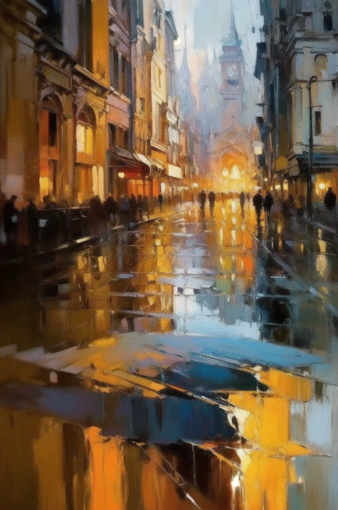 OIL PAINTIN made with palette knife,IMPRESSIONISM,(masterpiece, best quality, ultra-detailed, best shadow),(detailed background),realistic ,(Rembrandt), rainny evening in City, shown throught wet glass, shapes are blurred melts away from stream of rain disorder3d shapes, color field painting, (large swaths of color):1.2, abstract expressionism, bold hues, emotional impact, atmospheric depth, colorfull but colour compositioned painting