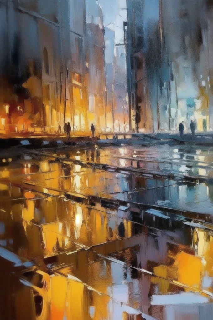 OIL PAINTIN made with palette knife,IMPRESSIONISM,(masterpiece, best quality, ultra-detailed, best shadow),(detailed background),realistic ,(Rembrandt), rainny evening in City, shown throught wet glass, shapes are blurred melts away from stream of rain disorder3d shapes, color field painting, (large swaths of color):1.2, abstract expressionism, bold hues, emotional impact, atmospheric depth, colorfull but colour compositioned painting