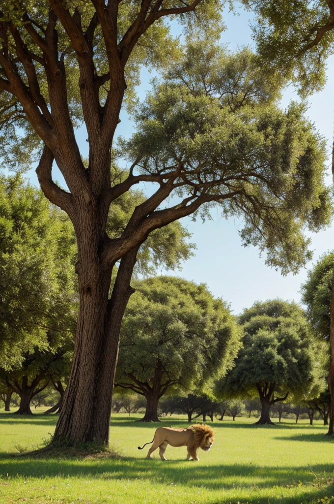 generate a lion walking towards a tree