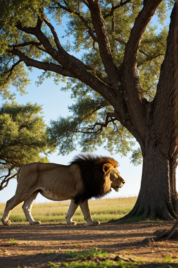 generate a lion walking towards a tree