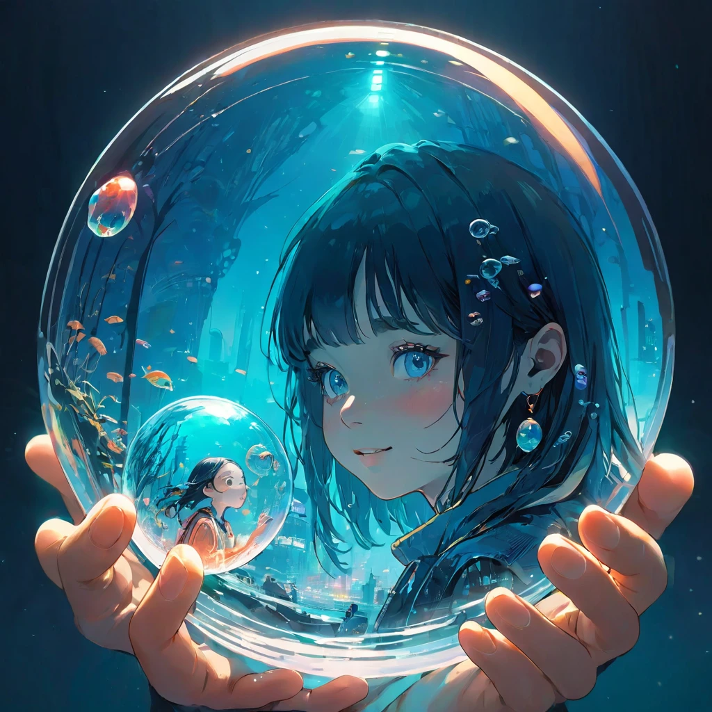 finely detailed illustration, vibrant color,High resolution、８ｋ、pretty girl、One beautiful girl、smile、Perfect and detailed eye drawing、Highest quality、masterpiece、detailed eye and face, A person holding a glass ball with a jellyfish inside, Hologram by Beeple, Trending on CGSociety, magical realism, Cyberpunk Jellyfish, Cyberpunk Blue Lens Effect, Jellyfish Shrine Maiden, Digital Artレンダリング, Artem Demra Beeple,  Spectacular concept art. Bokeh, Digital Art