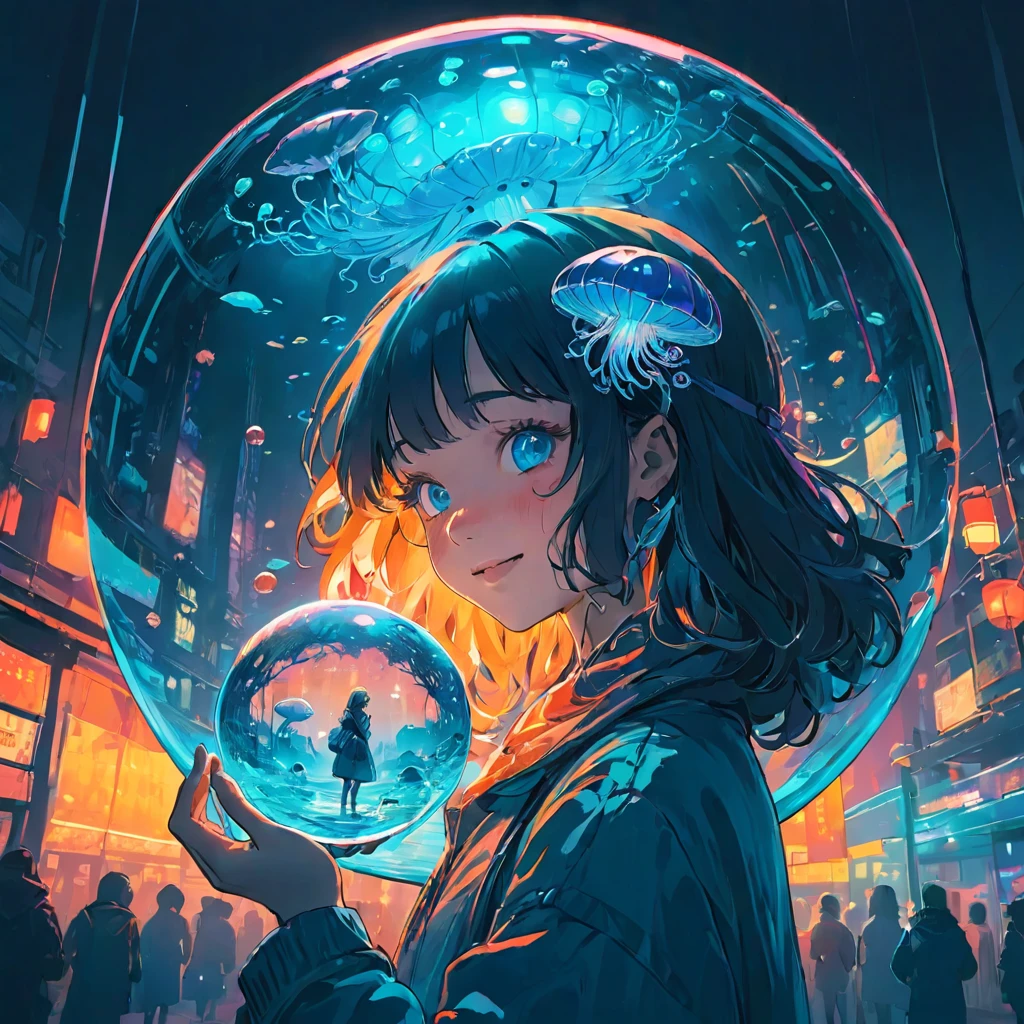 finely detailed illustration, vibrant color,High resolution、8k、pretty girl、One beautiful girl、smile、Perfect and detailed eye drawing、Highest quality、masterpiece、detailed eye and face, A person holding a glass ball with a jellyfish inside, Hologram by Beeple, Trending on CGSociety, magical realism, Cyberpunk Jellyfish, Cyberpunk Blue Lens Effect, Jellyfish Shrine Maiden, Digital Artレンダリング, Artem Demra Beeple, Spectacular concept art. Bokeh, Digital Art