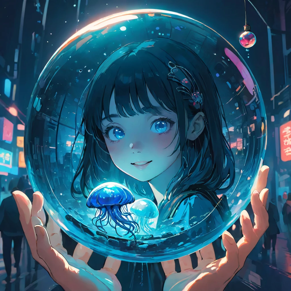 finely detailed illustration, vibrant color,High resolution、８ｋ、pretty girl、One beautiful girl、smile、Perfect and detailed eye drawing、Highest quality、masterpiece、detailed eye and face, A person holding a glass ball with a jellyfish inside, Hologram by Beeple, Trending on CGSociety, magical realism, Cyberpunk Jellyfish, Cyberpunk Blue Lens Effect, Jellyfish Shrine Maiden, Digital Artレンダリング, Artem Demra Beeple,  Spectacular concept art. Bokeh, Digital Art