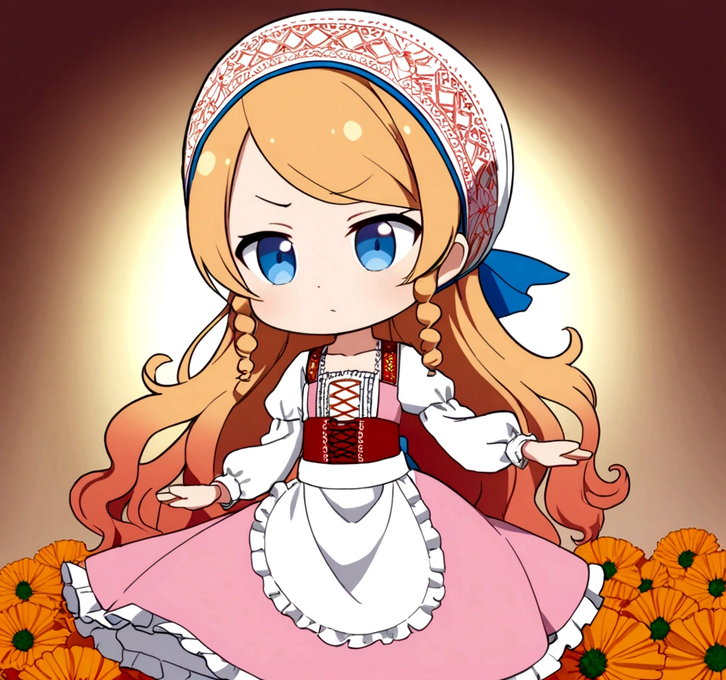 golden orange hair, gradient hair, very long hair, swept bangs, sidelocks, curly hair, wavy hair, (((((head scarf))))), head bandana, pink apron, flower in hair, marigold, orange flower, blue eyes, dirndl, pink dress, pink dirndl, long sleeves, waist apron, white apron, bow on waist, blue bow, , polish clothing, Slavic clothing, Hungarian clothing, anime, cute, flat chest, solo, exaggerated expression, chibi