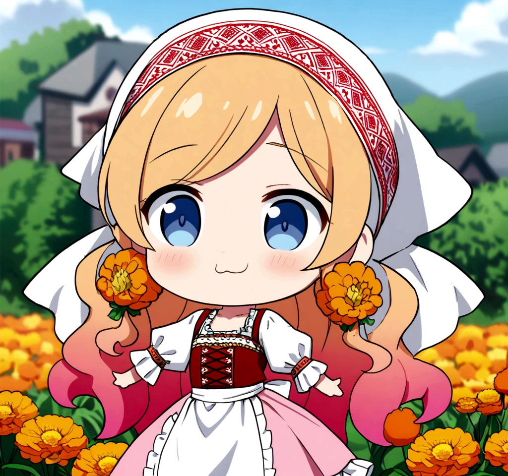golden orange hair, gradient hair, very long hair, swept bangs, sidelocks, curly hair, wavy hair, (((((head scarf))))), head bandana, pink apron, flower in hair, marigold, orange flower, blue eyes, dirndl, pink dress, pink dirndl, long sleeves, waist apron, white apron, bow on waist, blue bow, , polish clothing, Slavic clothing, Hungarian clothing, anime, cute, flat chest, solo, exaggerated expression, chibi