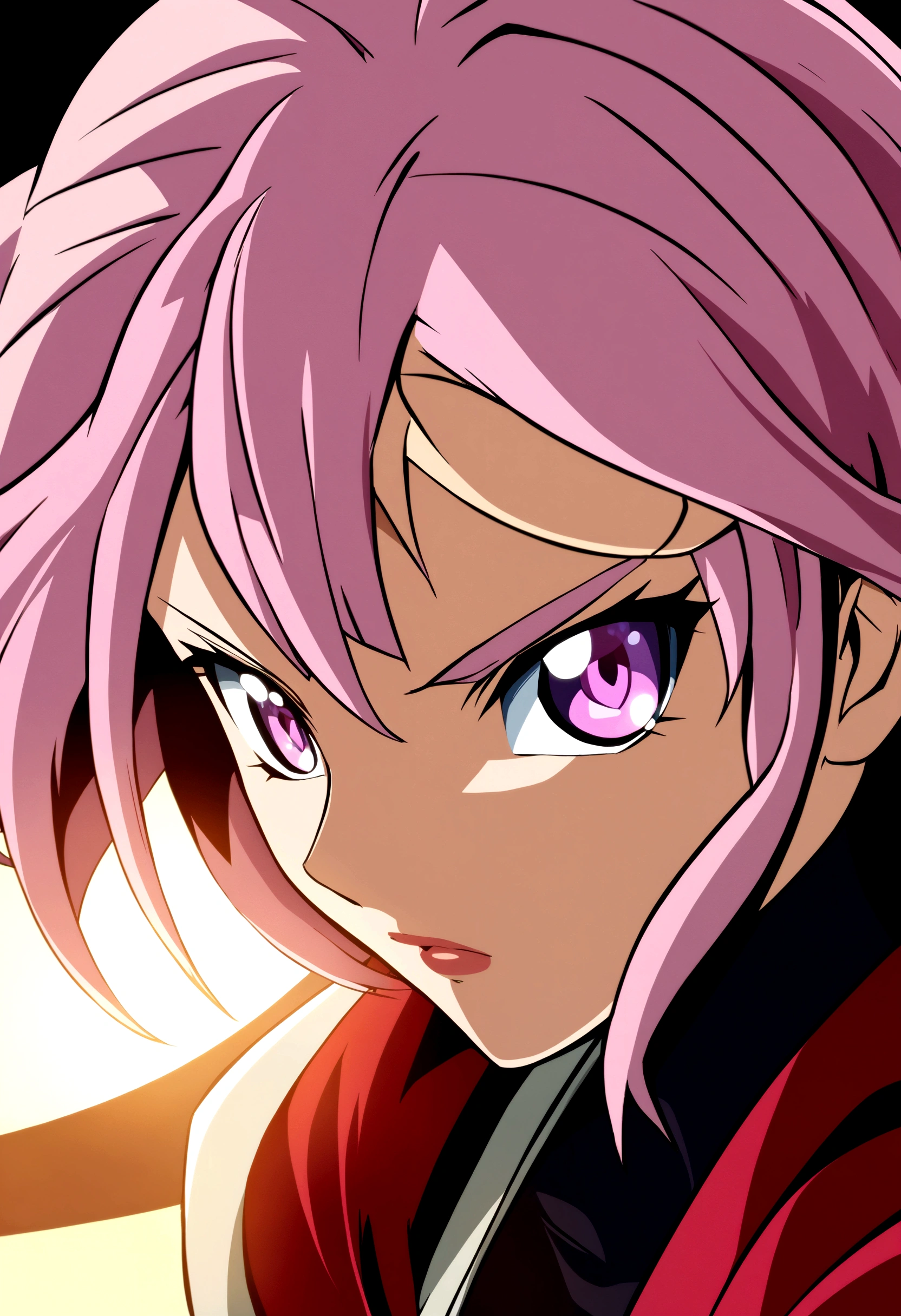 Woman, pink and white hair,violet eyes , ninja outfit, anime design style, clear face