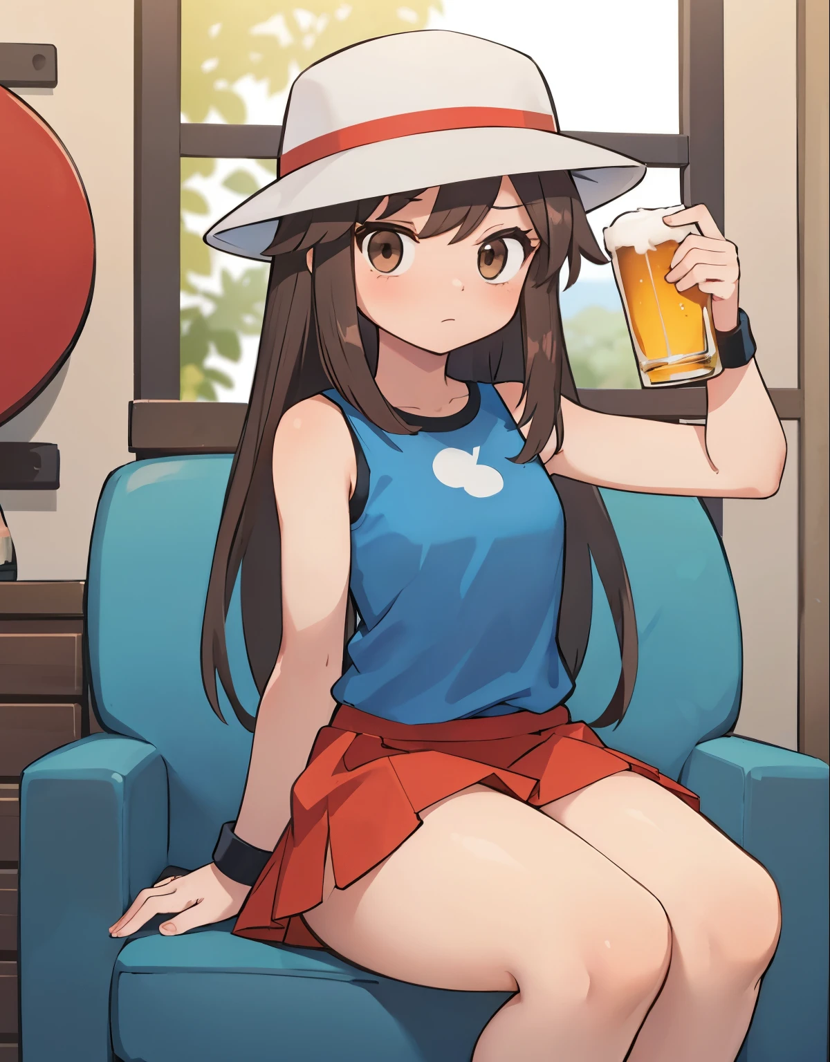 a shy girl sitting on a chair, full body, 1trainerleaf1, sleeveless shirt, black wristbands, visible thighs,thick thighs,red skirt,blue shirt, brown eyes, white hat, innocent look, she is in a party, people around dancing, she is shy and holds a small glass of beer, drinking beer, drunk