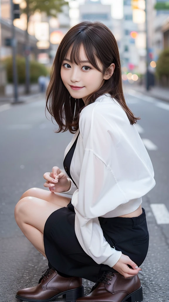 In 8K,Highest quality:1.4, Ultra-high resolution:1.5, (Realistic:1.4),masterpiece:1.2,(Highest quality:1.4)、 RAW Photos、 (The background is blurred),  1 Japanese girl, cute, (alone:1.4), (A shy smile), Smooth Skin、 (Brown medium hair,bangs),Nogizaka,Flexible fingertips,Beautiful dark eyes、dual、Natural skin texture:1.3, Realistic eye and facial details:1.7、Mid-breasted、Daytime、Tight ass:1.5、Staring at the audience,Photographers３ｍpostpone, ,Black shoes, Upper Body:1.8,(Fine hair:1.1), (Fine grain:1.1)、On campus