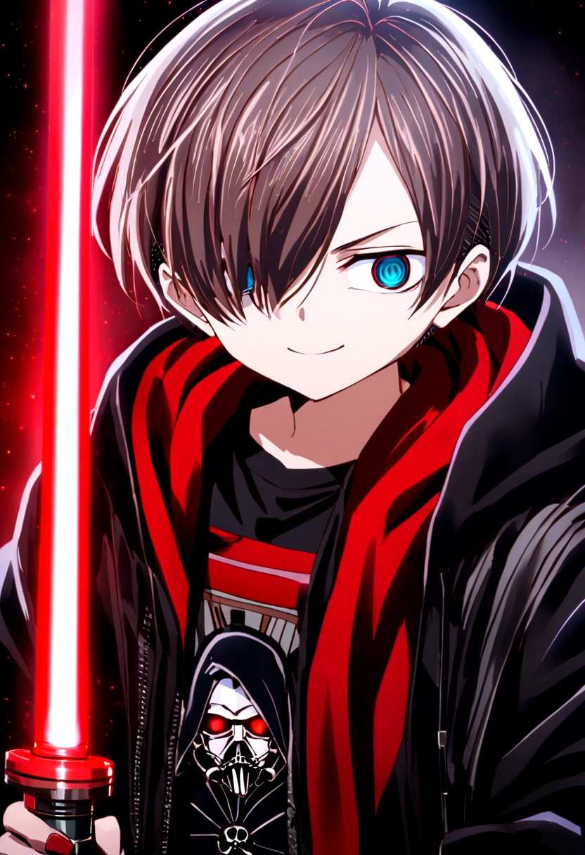 Kyotaro Ichikawa, Red eyes, smile evil, black jacket, black t-shirt with red details, gray sports pants, sneakers, lightsaber de color rojo, lightsaber (Star Wars), black background, Red light reflection, close view 