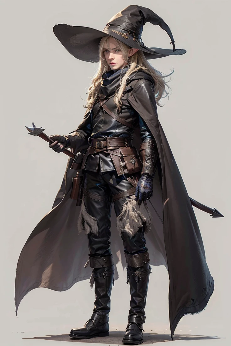 (male character), (extra long, flowing, blond-colored hair), (heterochromia), (left eye: blue), (right eye: brown), (black leather coat), (black shirt), (archery gloves), (black trousers), (black scarf), (illustration), (ultra-detailed), (realistic), (highres), (portrait), (mysterious lighting), (vivid colors) (mage) (fighter) (mature male) (cold light),(1boy),elf,elfo (elf),(elfo)