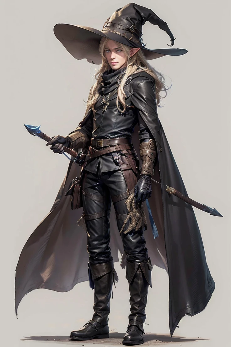 (male character), (extra long, flowing, blond-colored hair), (heterochromia), (left eye: blue), (right eye: brown), (black leather coat), (black shirt), (archery gloves), (black trousers), (black scarf), (illustration), (ultra-detailed), (realistic), (highres), (portrait), (mysterious lighting), (vivid colors) (mage) (fighter) (mature male) (cold light),(1boy),elf,elfo (elf),(elfo)