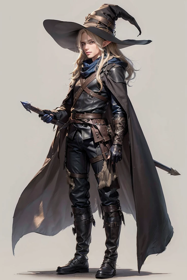(male character), (extra long, flowing, blond-colored hair), (heterochromia), (left eye: blue), (right eye: brown), (black leather coat), (black shirt), (archery gloves), (black trousers), (black scarf), (illustration), (ultra-detailed), (realistic), (highres), (portrait), (mysterious lighting), (vivid colors) (mage) (fighter) (mature male) (cold light),(1boy),elf,elfo (elf),(elfo)