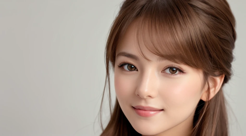 Create an image of a beautiful woman with chestnut brown hair. The background is clean white. She is making direct eye contact with the camera, and the focus is on her upper body. Her entire face is visible. She is smiling gently, radiating a sense of beauty and confidence. Design the image with the intention of using it for beauty-related promotions, capturing the essence of a confident and approachable beauty. Pay attention to details such as her hair, facial expression, and the overall composition against the clean white background