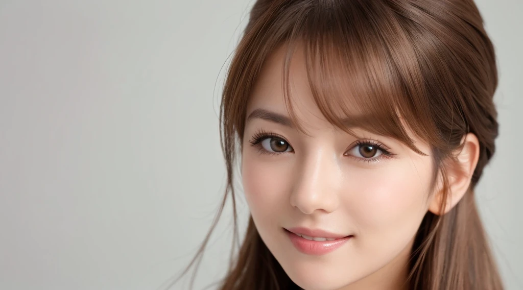 Create an image of a beautiful woman with chestnut brown hair. The background is clean white. She is making direct eye contact with the camera, and the focus is on her upper body. Her entire face is visible. She is smiling gently, radiating a sense of beauty and confidence. Design the image with the intention of using it for beauty-related promotions, capturing the essence of a confident and approachable beauty. Pay attention to details such as her hair, facial expression, and the overall composition against the clean white background