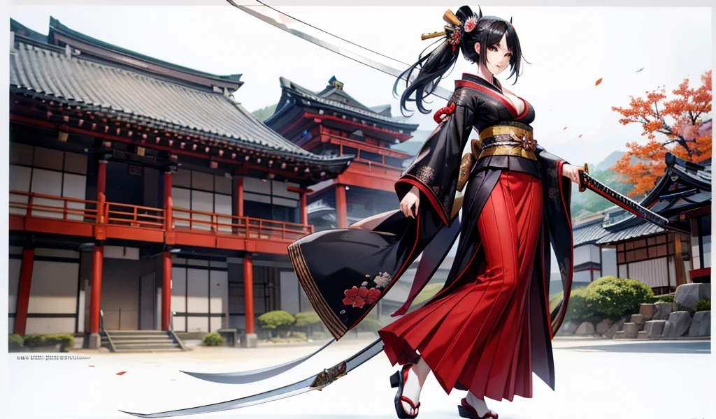 Black hair geisha hairstyle adult women,kimono,cleavage,long skirt,Bare Legs,Samurai sword,japanese town
