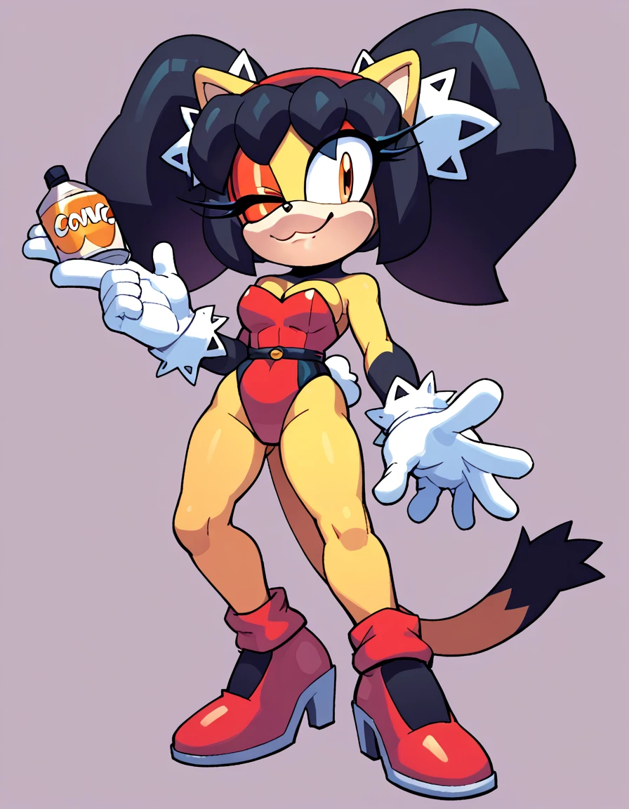 Seductive expression, 1girl, cute grin, anthro, furry, fur, fluffy fur, honey the cat, sonic (series), black hair, twintails, frilly hairbands, red bikini, black skirt, fishnet stockings, fishnet armwear, red boots, red hairband, fingerless gloves (red gloves), (19 years), medium breast, thick thighs, solo, (bedroom), detailed, (orange eyes), (half-closed eyes), (pulling down her panties), (red panties), pussy, score_9, score_8_up, score_7_up, score_6_up, score_5_up, score_4_up