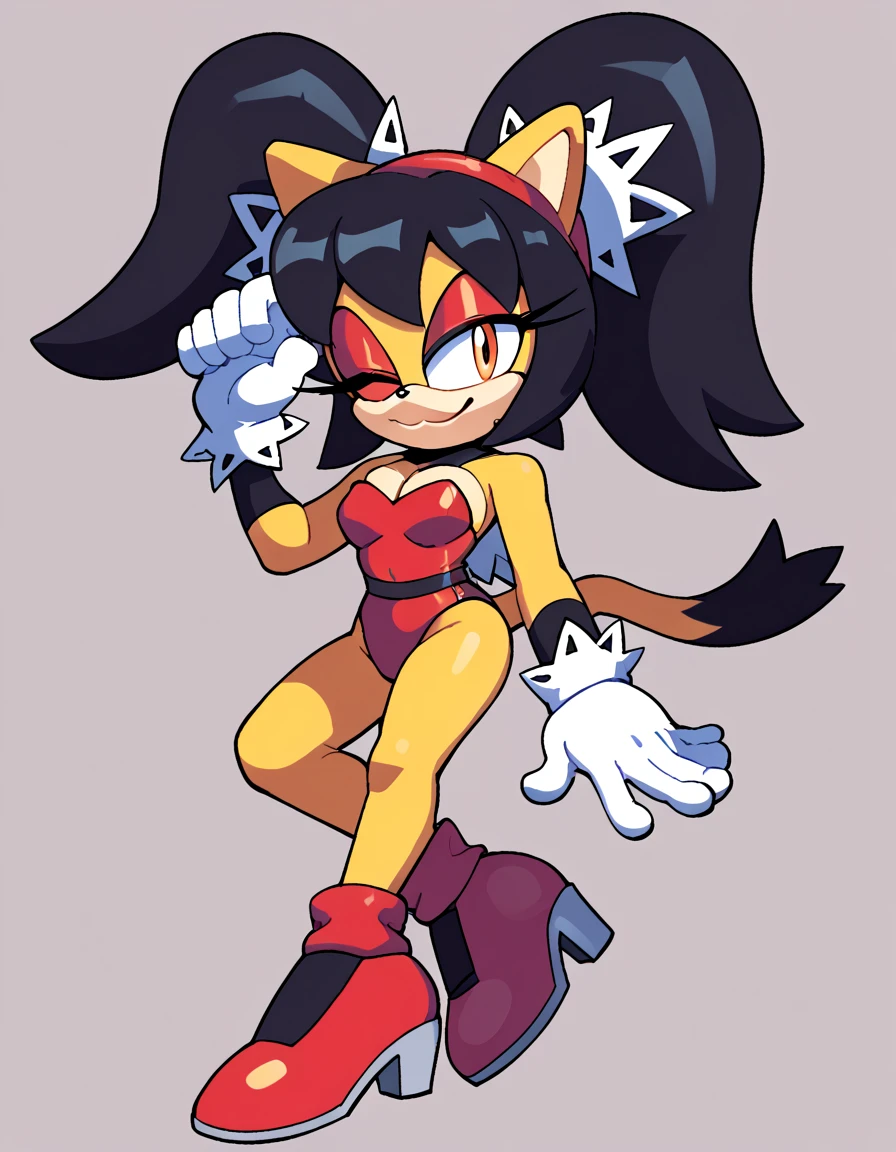 score_9, score_8_up, score_7_up, score_6_up, masterpiece, best quality, honey the cat, 1girl, solo, looking at viewer, smile, simple background, gloves, bare shoulders, closed mouth, full body, one eye closed, white gloves, high heels, leotard, bare legs, strapless, red makeup, highleg, playboy bunny, happy, red footwear, white bowtie, furry, highleg leotard, eyeshadow, strapless leotard, orange eyes, furry female, sonic the hedgehog \(series\)