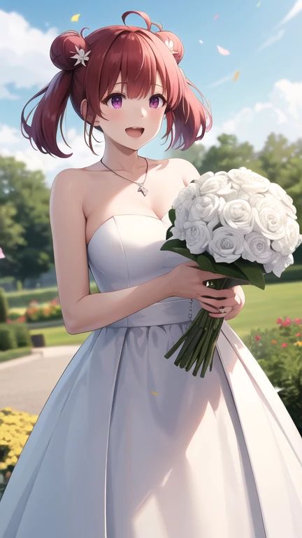 masterpiece, best quality, highres, 1girl, solo, short hair, red hair, short twintails, double bun, ahoge, hair ornament, purple eyes, large breasts, wedding dress, white dress, strapless, necklace, garden, standing, cowboy shot, holding bouquet, smile, open mouth, confetti,