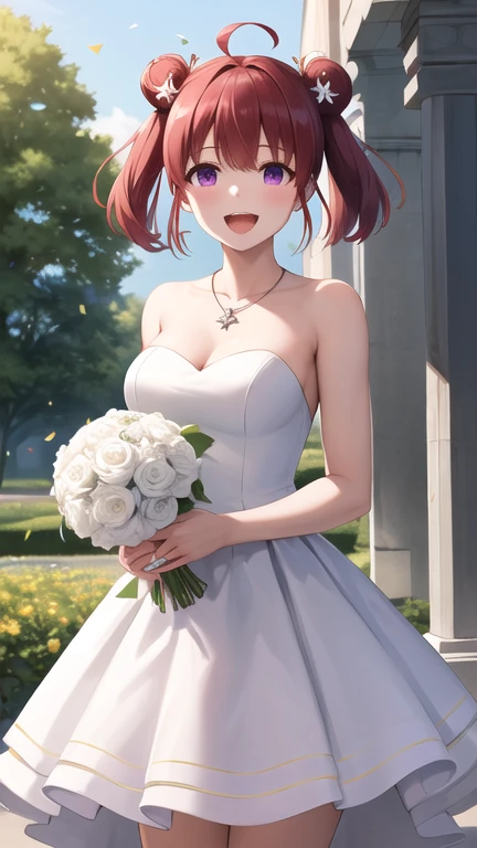 masterpiece, best quality, highres, 1girl, solo, short hair, red hair, short twintails, double bun, ahoge, hair ornament, purple eyes, large breasts, wedding dress, white dress, strapless, necklace, garden, standing, cowboy shot, holding bouquet, smile, open mouth, confetti,