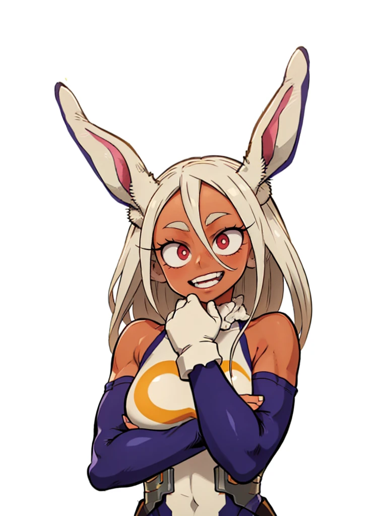 ((mirko, dark_skin, leotard, rabbit_girl, kneehighs, red_eyes, white background)), upper body, crazy big smile, same as original, anatomically correct, fixed hand, hand on chin