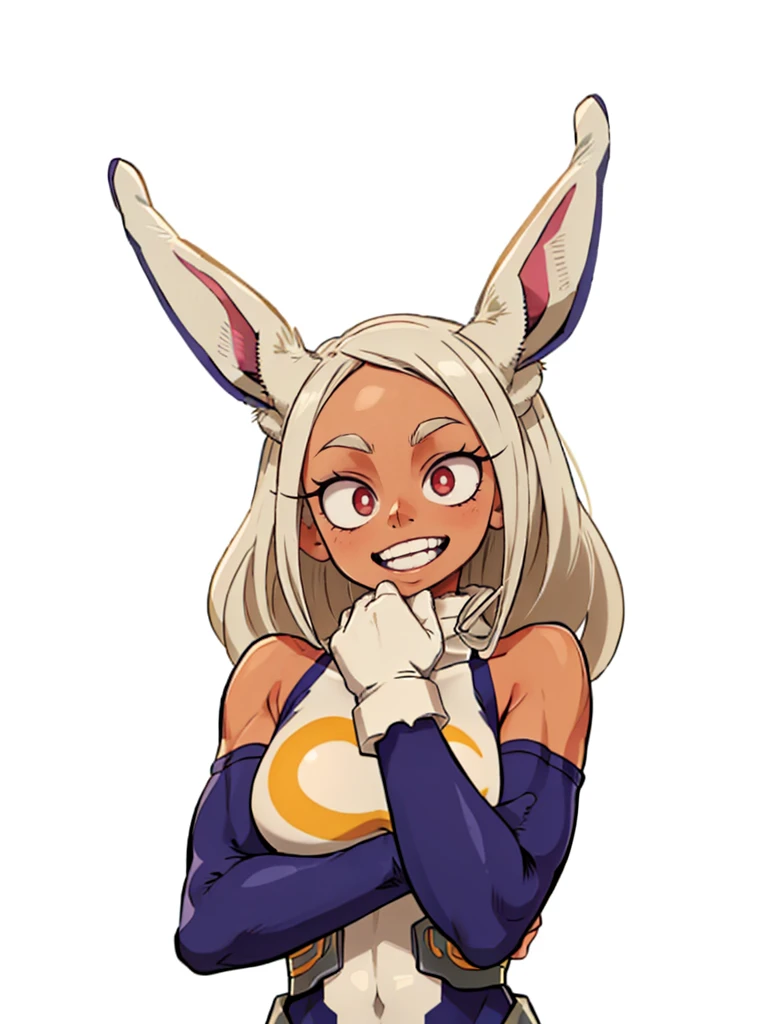  ((mirko, dark_skin, leotard, rabbit_girl, kneehighs, red_eyes, white background)), upper body, crazy big smile, same as original, anatomically correct, fixed hand, hand on chin