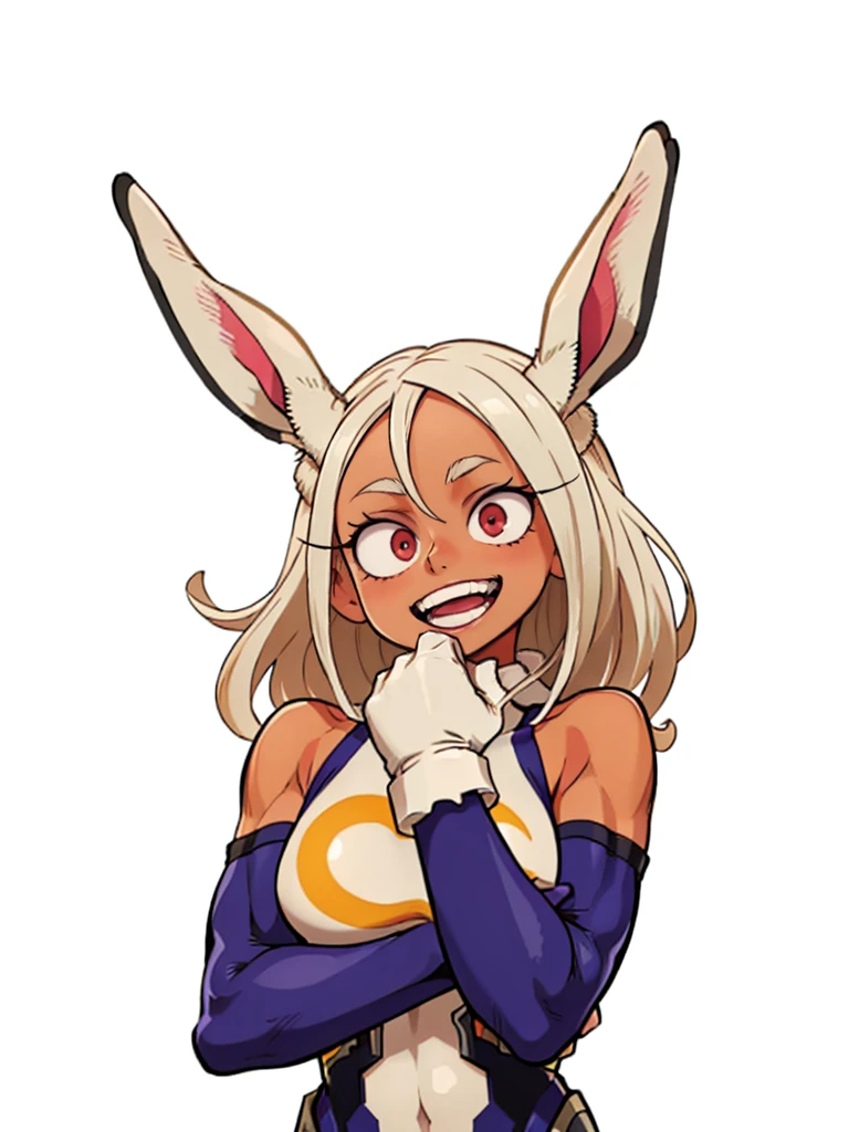  ((mirko, dark_skin, leotard, rabbit_girl, kneehighs, red_eyes, white background)), upper body, crazy big smile, same as original, anatomically correct, fixed hand, hand on chin