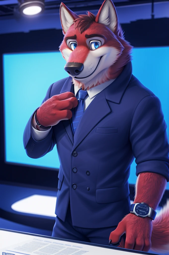 Ivan Fedorovich Wolfbach (Novosibirsk) ,tall handsome, wolf,young, 24 years, brown fur,Kind,(red body:1.3),beautiful blue eyes,Novosibirsk,dressed, Blue jacket, White shirt, Red tie, blue pants, wolf, detailed fur, male,paw pads, finger claws,At the viewer, 5 fingers, paws, 5 fingers, smile, wrist watch, т nextel,by xenoforge, (difficult, high detail, digital photography, soft focus, RAW variety близко к камере, variety,Novosibirsk, smile, good mood, positive, Very close to the camera,presenter Moscow,
Photorealism, realistic, digital style, Subsurface scattering,looks at the squares, News studio, a good mood, funny,
masterpiece, Best quality, ultra realistic, 8 thousand.)