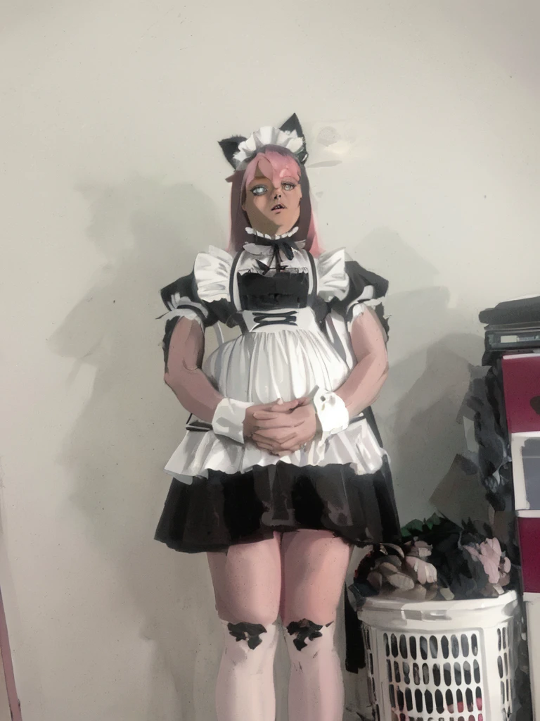 16k, HD, Professional, Highly Detailed, ((Masterpiece: 0.3)), (((High Quality))), Ultra-detailed face, Highly Detailed Lips, Detailed Eyes, full body, cat girl maid, anime, pink hair, long legs, large eyes